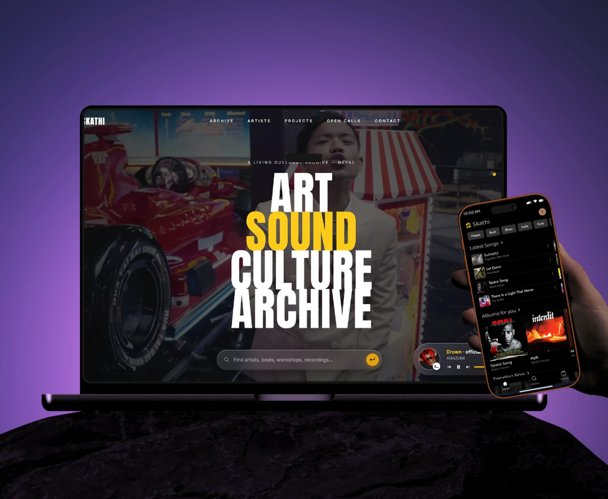 Skathi — the web archive on a laptop beside the streaming app on a phone